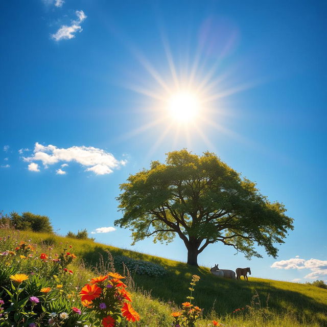 A vivid depiction of the intense heat from a bright sun burning fiercely in the sky, radiating rays of light that create a shimmering effect on the ground