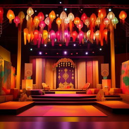 A traditional Indian stage decoration for a college cultural day celebration. The setting should showcase vibrant colors, Indian fabrics, lanterns, and cultural symbols. Design must look appealing yet fit within a modest budget.