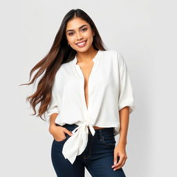 A beautiful Indonesian woman named Julia Verity, wearing a neat and elegantly casual loose-fitting white blouse that covers her body in a relaxed yet elegant manner