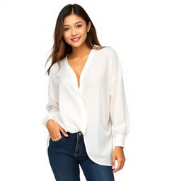 A beautiful Indonesian woman named Julia Verity, wearing a neat and elegantly casual loose-fitting white blouse that covers her body in a relaxed yet elegant manner