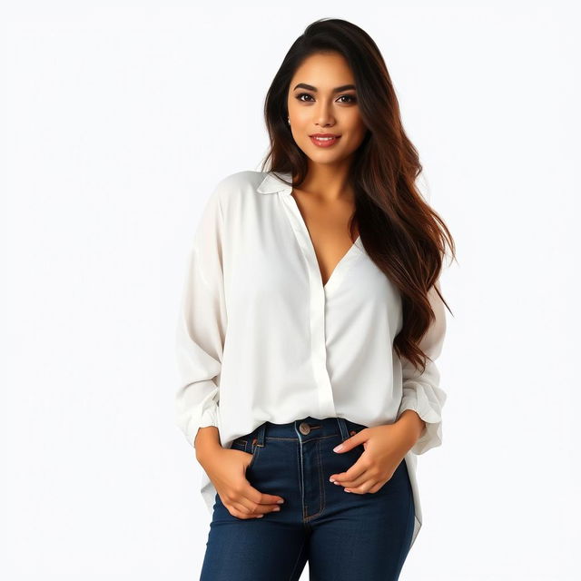 A beautiful Indonesian woman named Julia Verity, wearing a neat and elegantly casual loose-fitting white blouse that covers her body in a relaxed yet elegant manner