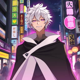 A tall male character with shaggy white hair and pink glowing eyes, dressed in a black cloak with a white collared cape, grinning confidently