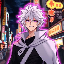 A tall male character with shaggy white hair and pink glowing eyes, dressed in a black cloak with a white collared cape, grinning confidently