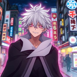 A tall male character with shaggy white hair and pink glowing eyes, dressed in a black cloak with a white collared cape, grinning confidently