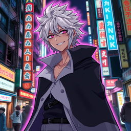 A tall male character with shaggy white hair and pink glowing eyes, dressed in a black cloak with a white collared cape, grinning confidently