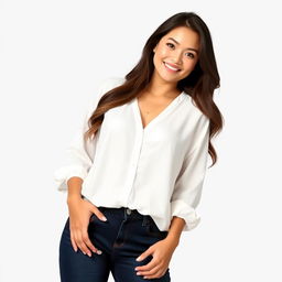 A beautiful Indonesian woman named Julia Verity, wearing a neat and elegantly casual loose-fitting white blouse that covers her body in a relaxed yet refined manner