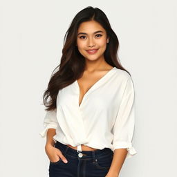 A beautiful Indonesian woman named Julia Verity, wearing a neat and elegantly casual loose-fitting white blouse that covers her body in a relaxed yet refined manner