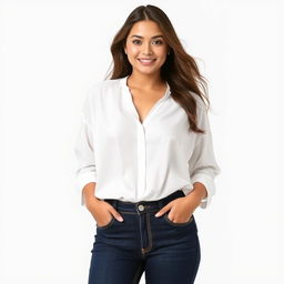 A beautiful Indonesian woman named Julia Verity, wearing a neat and elegantly casual loose-fitting white blouse that covers her body in a relaxed yet refined manner