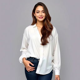 A beautiful Indonesian woman named Julia Verity, wearing a neat and elegantly casual loose-fitting white blouse that covers her body in a relaxed yet refined manner