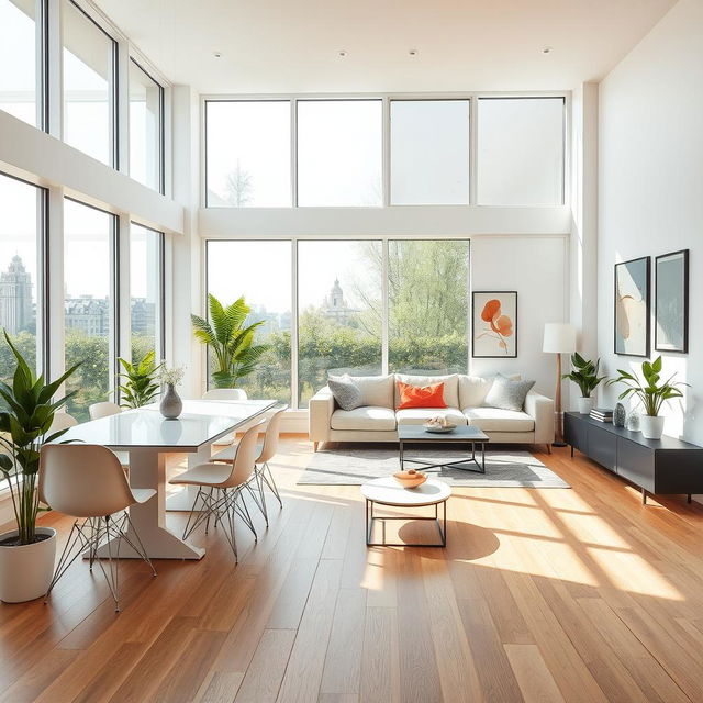 A modern and bright living dining room design featuring sleek furniture, large windows that allow ample natural light, a stylish dining table with minimalist chairs, a cozy sofa adorned with colorful cushions, indoor plants for a fresh touch, and decorative art pieces on the walls