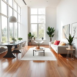 A modern and bright living dining room design featuring sleek furniture, large windows that allow ample natural light, a stylish dining table with minimalist chairs, a cozy sofa adorned with colorful cushions, indoor plants for a fresh touch, and decorative art pieces on the walls