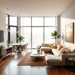 A modern and bright living dining room design featuring sleek furniture, large windows that allow ample natural light, a stylish dining table with minimalist chairs, a cozy sofa adorned with colorful cushions, indoor plants for a fresh touch, and decorative art pieces on the walls