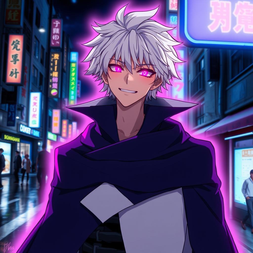 A tall male character with shaggy white hair and vibrant pink glowing eyes, dressed in a dramatic black cloak featuring a white collared cape