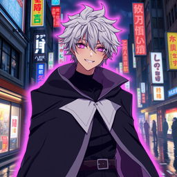 A tall male character with shaggy white hair and vibrant pink glowing eyes, dressed in a dramatic black cloak featuring a white collared cape