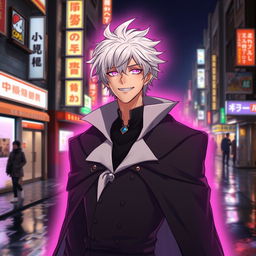 A tall male character with shaggy white hair and vibrant pink glowing eyes, dressed in a dramatic black cloak featuring a white collared cape