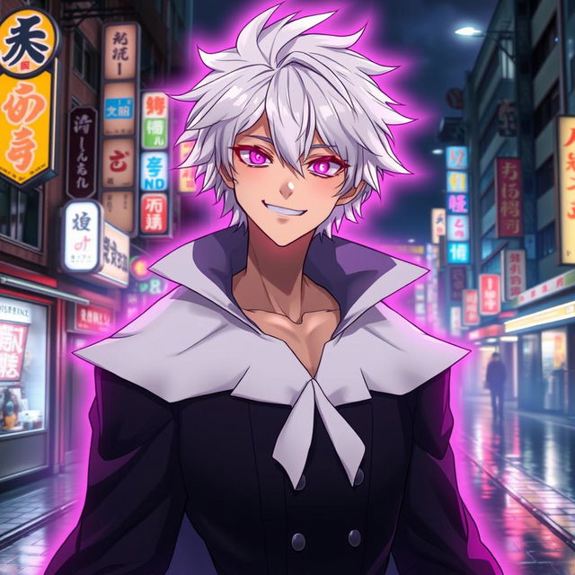 A tall male character with shaggy white hair and vibrant pink glowing eyes, dressed in a dramatic black cloak featuring a white collared cape