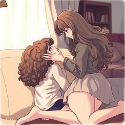An intimate scene featuring two girls interacting in a cozy living room setting