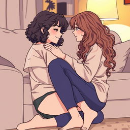 An intimate scene featuring two girls interacting in a cozy living room setting