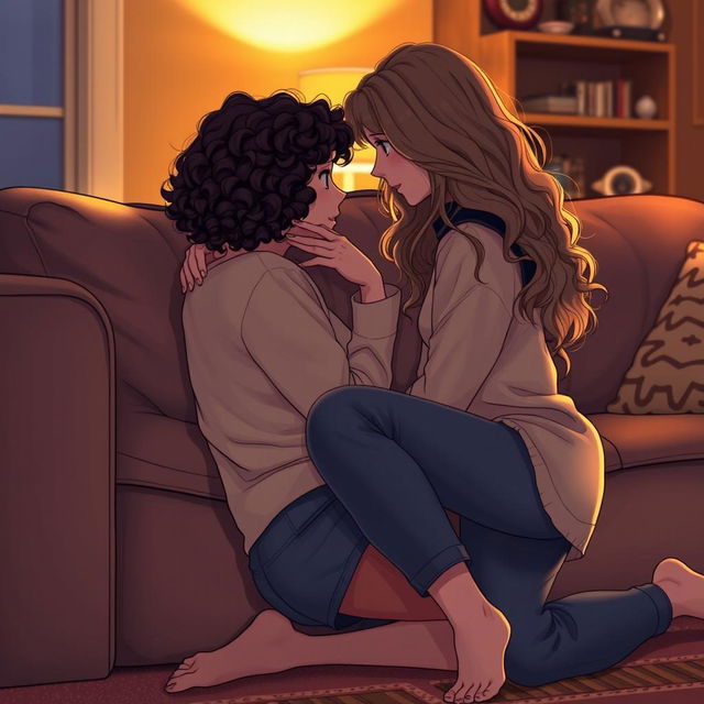 An intimate scene featuring two girls interacting in a cozy living room setting