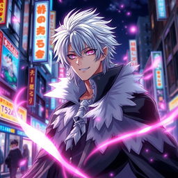 A striking light novel cover featuring a tall male character with shaggy white hair and mesmerizing pink glowing eyes