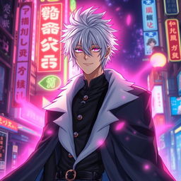 A striking light novel cover featuring a tall male character with shaggy white hair and mesmerizing pink glowing eyes