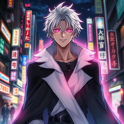 A striking light novel cover featuring a tall male character with shaggy white hair and mesmerizing pink glowing eyes