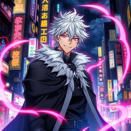 A striking light novel cover featuring a tall male character with shaggy white hair and mesmerizing pink glowing eyes