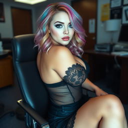 A photograph taken from the other side of the room, capturing a sexy, beautiful, curvy girl with a pale thin face