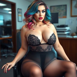 A photograph taken from the other side of the room, showcasing a sexy, beautiful, curvy girl with a pale thin face
