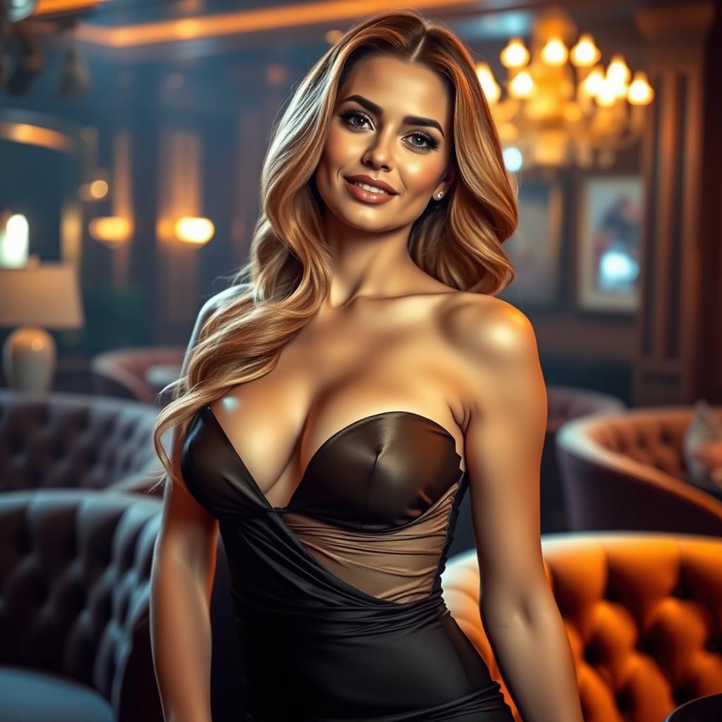 A sexy and alluring woman in a glamorous evening dress, highlighted by a soft glow from golden ambient lighting