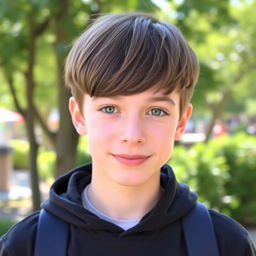 A handsome teenage boy with straight brown hair styled in a two-block haircut