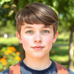 A handsome teenage boy with straight brown hair styled in a two-block haircut