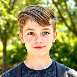 A handsome teenage boy with straight brown hair styled in a two-block haircut