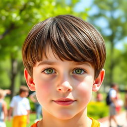 A handsome teenage boy with straight brown hair styled in a two-block haircut