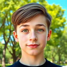 A handsome teenage boy with straight brown hair styled in a two-block haircut