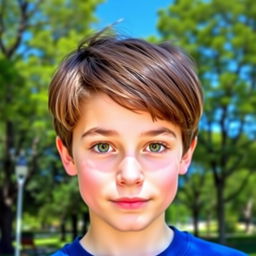 A handsome teenage boy with straight brown hair styled in a two-block haircut
