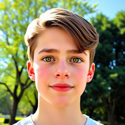 A handsome teenage boy with straight brown hair styled in a two-block haircut