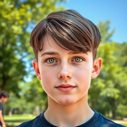 A handsome teenage boy with straight brown hair styled in a two-block haircut