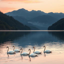 A serene landscape featuring a calm lake surrounded by lush green forests and majestic mountains