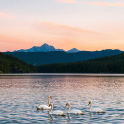 A serene landscape featuring a calm lake surrounded by lush green forests and majestic mountains
