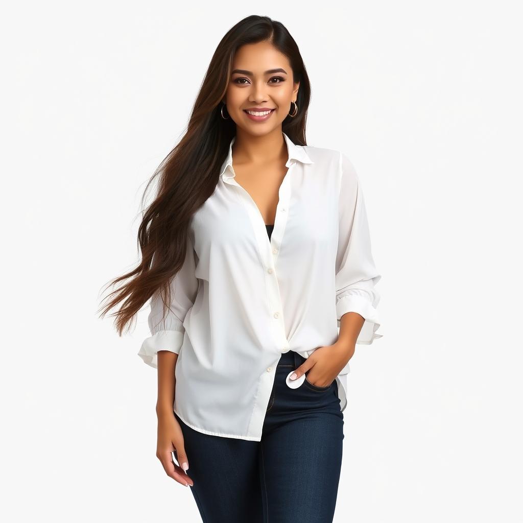 A beautiful Indonesian woman named Julia Verity wearing a loose white blouse, elegantly draping over her body in a relaxed yet sophisticated manner