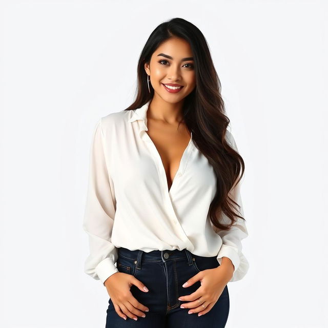 A beautiful Indonesian woman named Julia Verity wearing a loose white blouse, elegantly draping over her body in a relaxed yet sophisticated manner