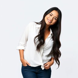 A beautiful Indonesian woman named Julia Verity wearing a loose white blouse, elegantly draping over her body in a relaxed yet sophisticated manner