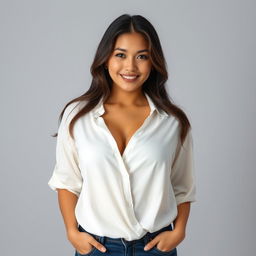 A stunning Indonesian woman named Julia Verity wearing a neatly styled loose white blouse that elegantly drapes over her body in a relaxed manner