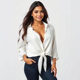 A stunning Indonesian woman named Julia Verity wearing a neatly styled loose white blouse that elegantly drapes over her body in a relaxed manner