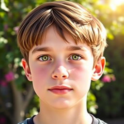 A handsome teenage boy with straight brown hair styled in a two-block haircut