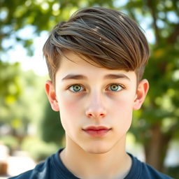A handsome teenage boy with straight brown hair styled in a two-block haircut