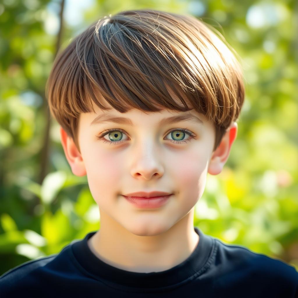 A handsome teenage boy with straight brown hair styled in a two-block haircut