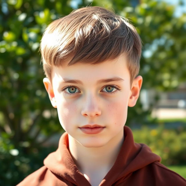 A handsome teenage boy with straight brown hair styled in a two-block haircut