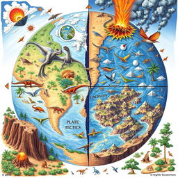 A detailed illustration showcasing the relationship between plate tectonics and the evolution of life on Earth